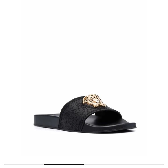 Men's Black Gold Versace Medusa Palazzo Sandals Slides Flip Flops - Picture 2 of 3